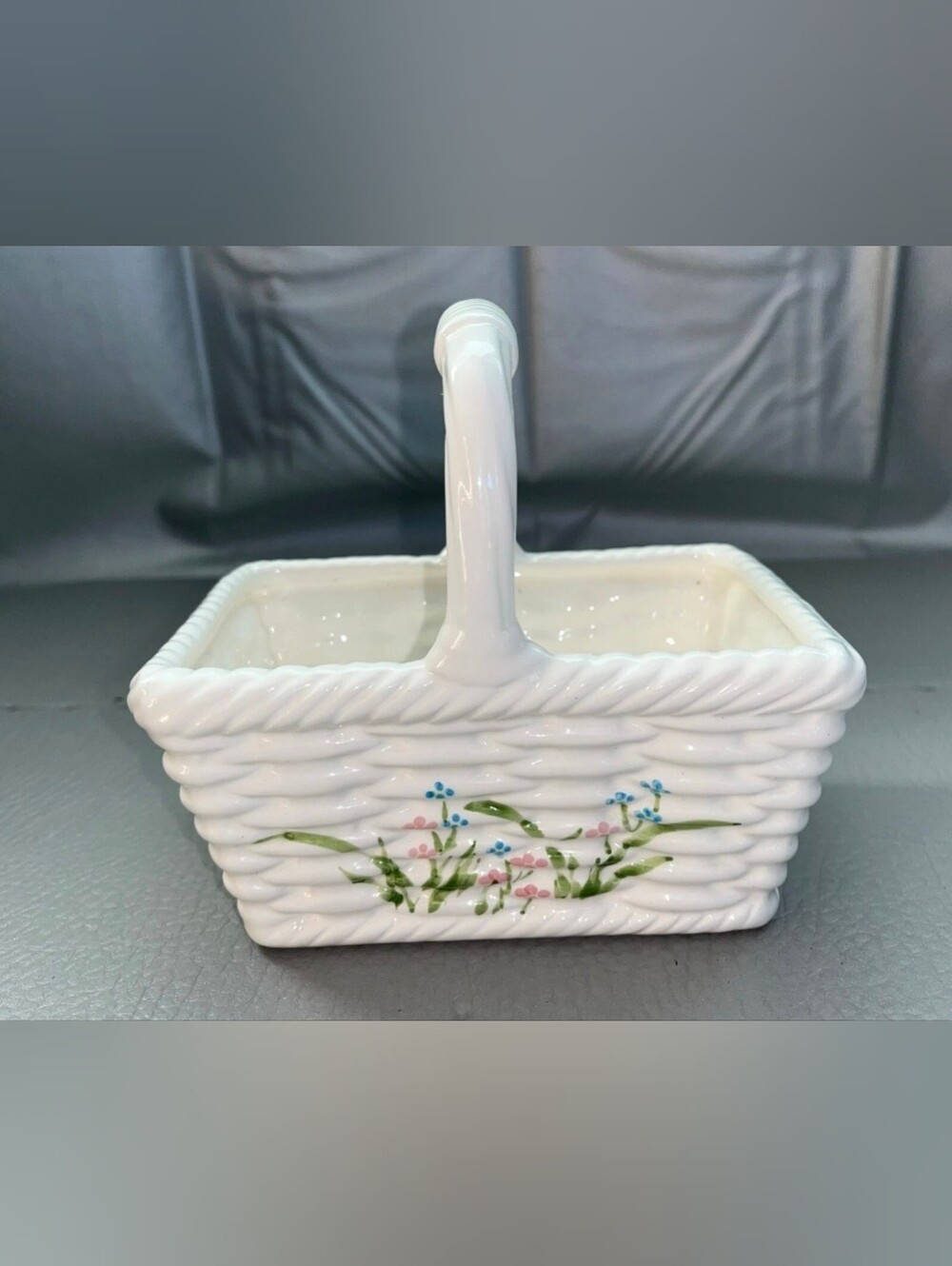 Vintage Ceramic White Spring Basket Planter With Pink Flowers Handle ARDCO